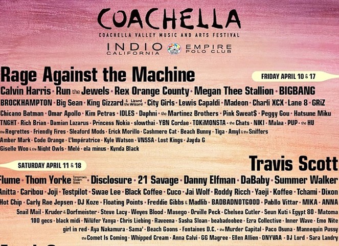 Noticia Radio Panamá | Rage Against The Machine, Calvin Harris, Travis Scott, encabezarán «Coachella 2020»