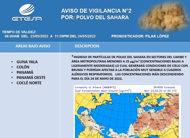 Noticia Radio Panamá | Se extiende el aviso de vigilancia por polvo del Sahara en Panamá