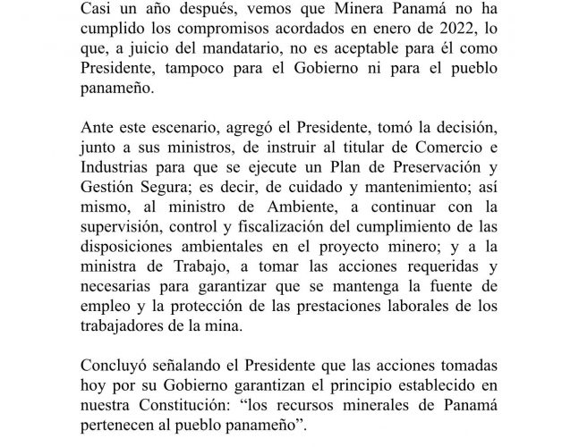 Government announces closure of commercial operations of Cobre Panama