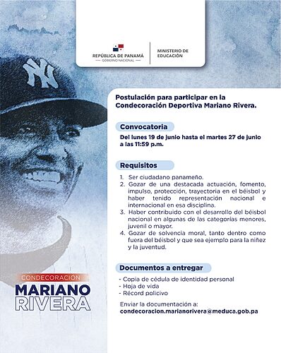 Featured image for “Convocatoria para la Condecoración Mariano Rivera hasta el 27 de junio”