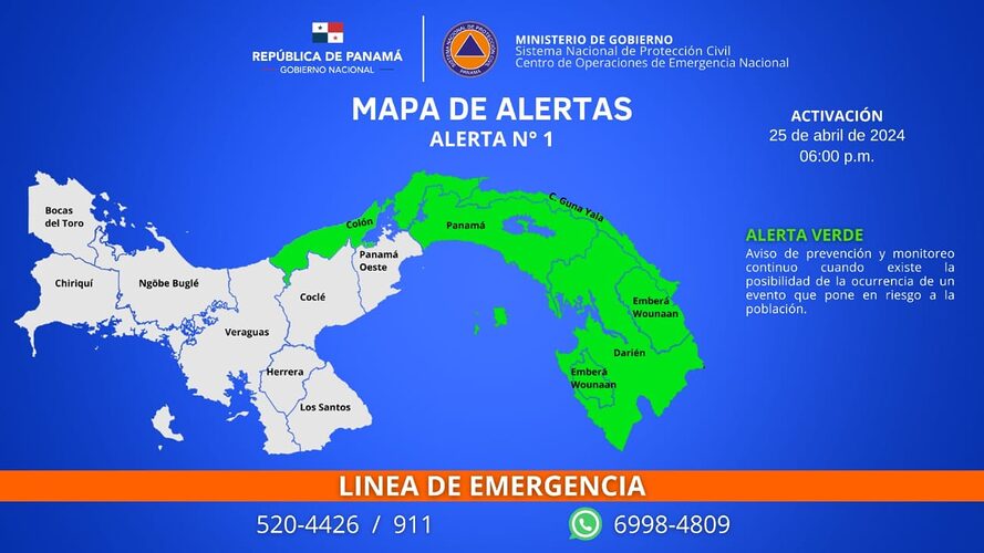 Noticia Radio Panamá | Sinaproc declara alerta verde en Colón, Darién, al Este de Panamá y la comarca Guna Yala