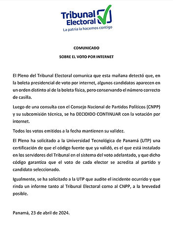 Featured image for “Tribunal Electoral: «Voto adelantado por internet se mantiene»”