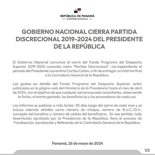 Noticia Radio Panamá | “Gobierno cierra partida discrecional 2019-2024 del Presidente Cortizo”